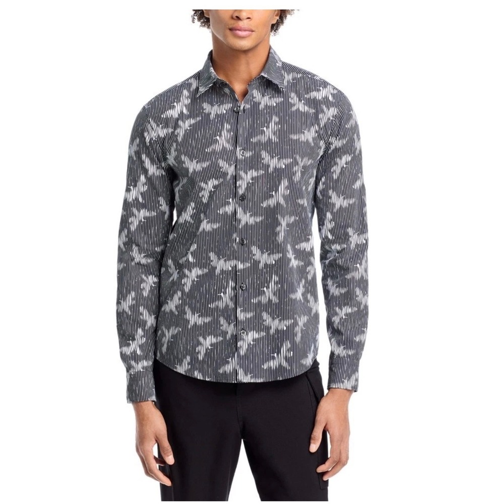 HUGO BOSS ERMO Mens Black White Abstract Slim Fit Button Down Shirt Large NEW